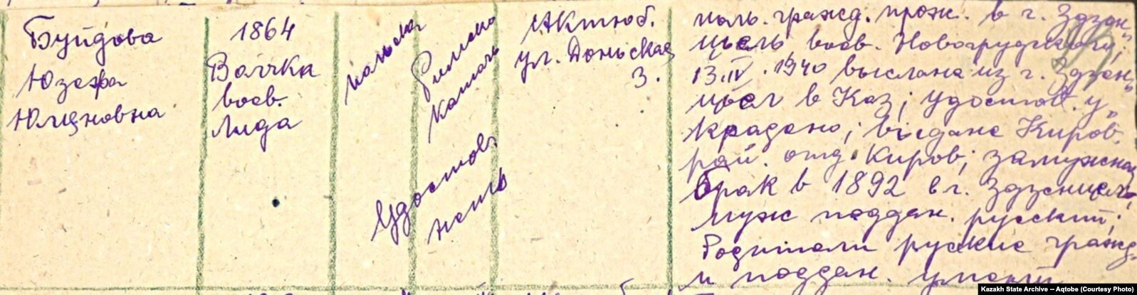 Имя Юзефы Буйдо занесено в список пассажиров, отправленных в Казахскую ССР. 13 апреля 1940 года.