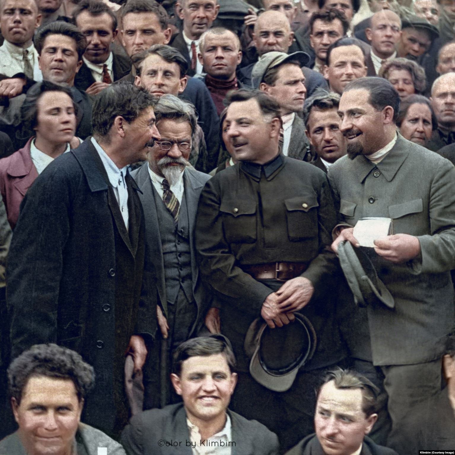 Soviet leaders Josef Stalin, Mikhail Kalinin (wearing glasses), Kliment Voroshilov and Lazar Kaganovich (standing, left to right) in 1930. Among other acts of political terror, all four men were behind the 1940 execution of some 22,000 of Poland’s top military officers, policemen, and academics seen as likely to resist Soviet communist rule in the Katyn massacre. Shirnina says this photo was also posted without problem on Facebook and Instagram.